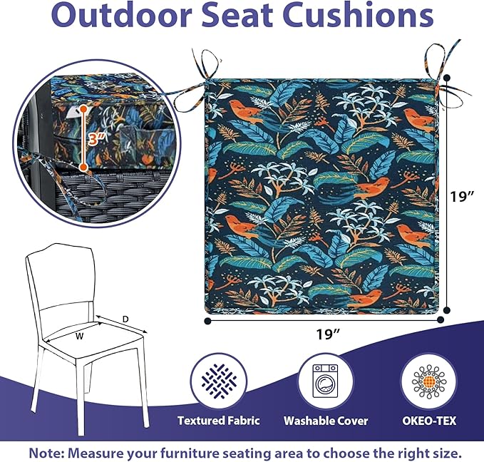 IPYNBAP Outdoor Chair Cushions Set of 4,Waterproof Outdoor Seat Cushions for Patio Furniture,Patio Chair Cushion with Handle and Ties, Out Door Chair Pads,19" x 19" x 3", Black Nightingale