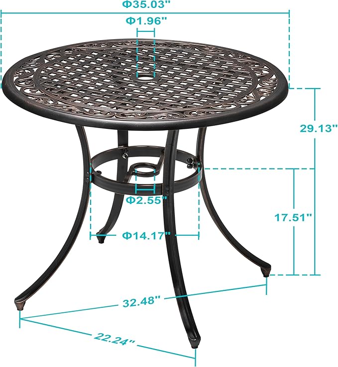 NUU GARDEN 35 Inch Patio Dining Table with Umbrella Hole, Outdoor Cast Aluminum Bistro Table, Black with Antique Bronze at The Edge