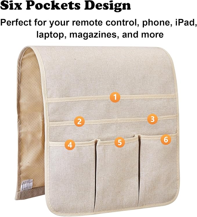 Teniux Remote Control Holder GRS Certified Armchair Caddy for Recliner Couch, Recycled Material Non-Slip Armrest Organizer with 5 Pockets for Magazine, Tablet, Phone, iPad (Beige)