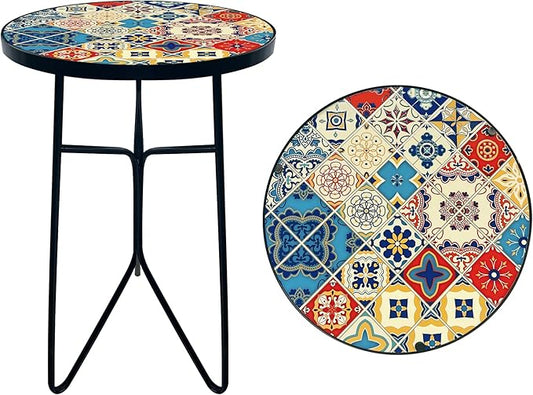 Mosaic Round Sode Tea Table, Outside Unique Furniture, Small End Outdoor Side Valentine's Day Dining Room Table, Indoor Balcony Outdoor Furniture, Balcony Patio Valentine's Day Decor