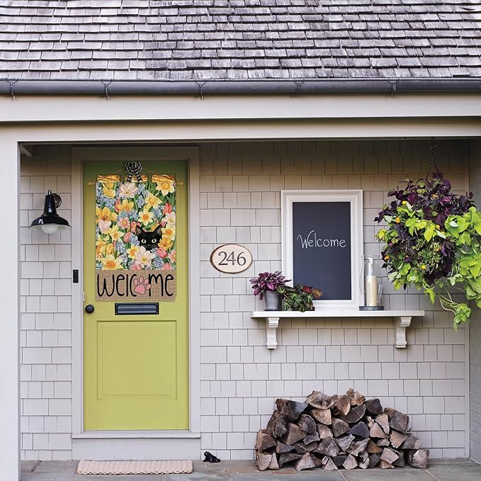 AVOIN colorlife Spring Floral House Flag 28x40 Inch Double Sided Outside, Black Cat Welcome Seasonal Yard Outdoor Flag