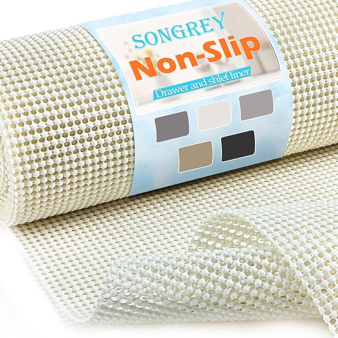 Songrey Non-Slip Shelf Cabinet and Drawer Liner, 12IN x 20FT, Cream | No Adhesive Residue, Strong Grip, Thick PVC Mat, for Kitchen Shelves, Bathroom Drawers, Home Essentials, Snip to Fit