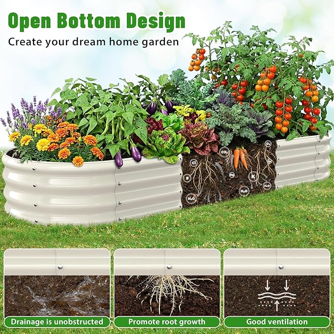 Oval Raised Garden Bed, 6 x 2 x 1FT, Galvanized Steel Planter Box with Wave-Shaped Metal Panels Painted for Outdoor Flower,Tree,Herb & Vegetable Garden (White, 72X24X12 inches)