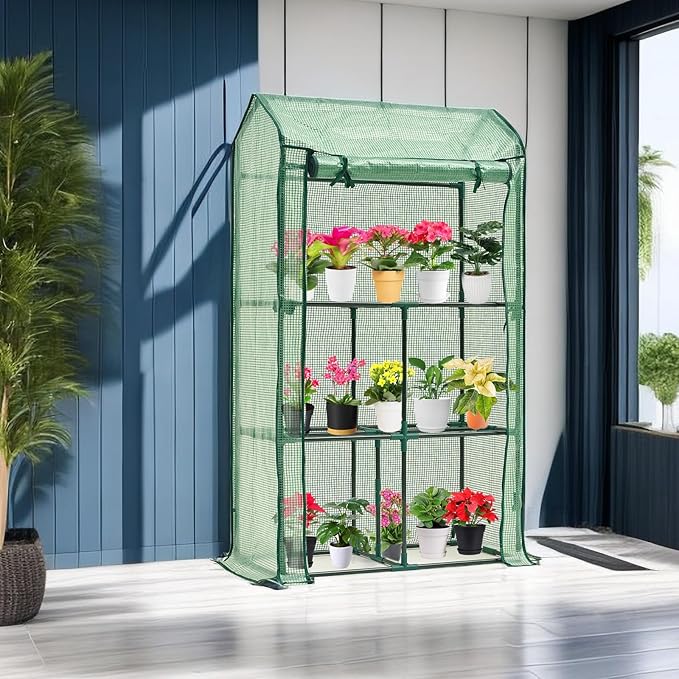 Purlyu Mini Greenhouse for Indoor Outdoor, Small Plastic Plant Green House Rack Stand Portable Greenhouses with Durable PE Cover for Seedling 60 "x 35"x 16",20 Pcs T-Type Plant Tags Include（PLGH4053G）