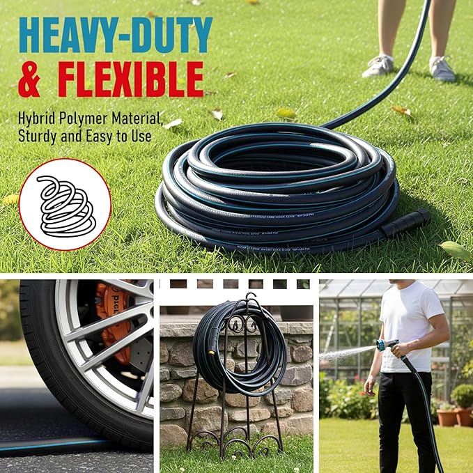 Heavy Duty Garden Hose 50 ft, NON-EXPANDABLE Water Hose with 10 Function Spray Nozzle, Lightweight Kink-less Hybrid Hose with Swivel Handle, Male to Female Fittings