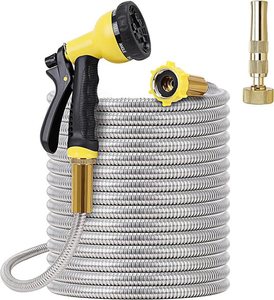 FOXEASE Metal Garden Hose 75FT - Stainless Steel Heavy Duty Water Hose with Metal Nozzle & 8 Function Sprayer, Portable & Lightweight Kink Free Yard Hose, Outdoor Hose