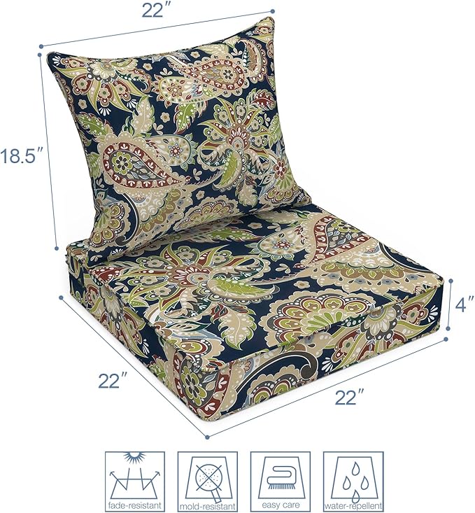 LVTXIII Outdoor Deep Seat Cushion Patio Seat and Back Cushion Set Seasonal Chair Cushion with Removable Cover and Adjustable Buckle for Home and Garden, 22"x22"x4", Paisley Sapphire Blue