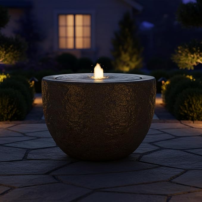 Sunnydaze Outdoor Water Fountain with LED Light - Polystone Oval Bowl Bubbler Water Feature with Pump - 12" H - for Patio, Garden, Deck, Relaxation and Stress Relief - Gray