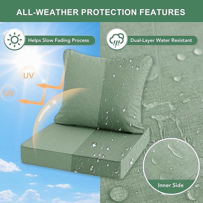 Summsun Outdoor Cushions for Patio Furniture, Faux Linen Water Resistant Backrest and Deep Seat Cushion Set with Removable Cover, Ties, Non-Slip Bottom, 22 x 22 Inch, Sage Green, Set of 2