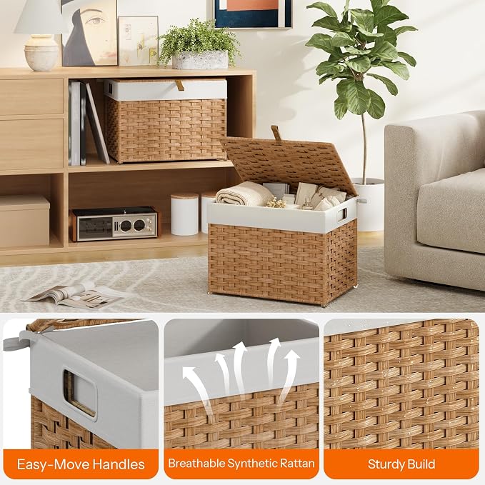 HOOBRO Storage Basket with Lid, 9.5 Gallon (35L) Wicker Basket, Handwoven Blanket Storage Basket with Handles, Metal Frame and Soft Lining, Foldable for Bedroom, Laundry Room, Natural NL334CW01