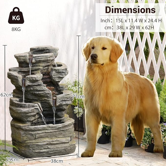 Bumilgar 6-Tier Cascading Rock Water Fountain Outdoor Garden Waterfall Decor for Garden, Patio, Backyard, Deck, Porch and Home Art Decor,24.4" H Outdoor Fountain with Lights