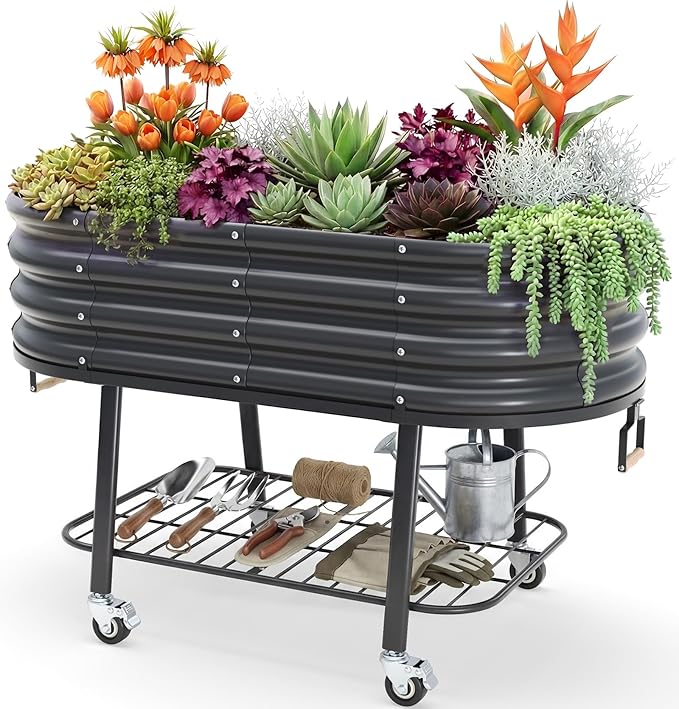 KING BIRD Large Raised Garden Bed with Legs Galvanized Elevated Planter Box in for Backyard, Patio, Balcony, Dark Grey, 47.2x23.6x29.9 in