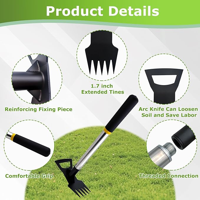2 in 1 Weed Tool, 15.7" Short Handle Weed Rake with 5-Tine Head, Small Garden Hoe for Weeding in Flower Beds, Courtyards & Narrow Gaps