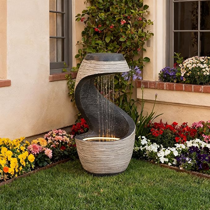 Sunlinua 37" Tall S-Shaped Outdoor Waterfall Fountain – Rainfall Water Fountain for Garden, Patio or Backyard Decor, Floor-Standing Resin Garden Fountains Water Feature with Flat Top for Plant Display