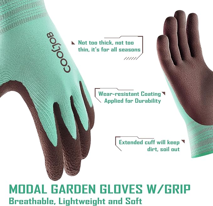 COOLJOB 2 Pairs Breathable Gardening Gloves for Women X-Small, Stretch Soft Modal Base with Non Slip Rubber Coating, Palm Dipped Grip Work for Gardener Worker in Lawn Yard Factory Garden