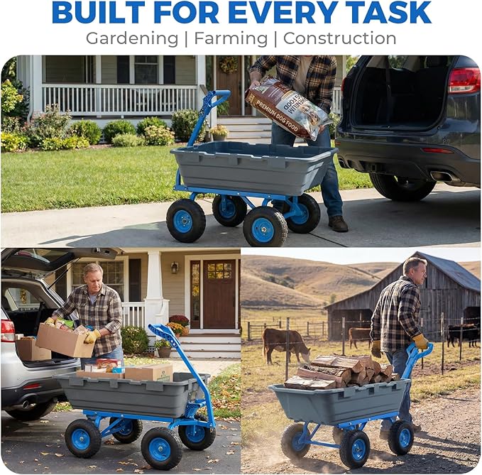 Sekey 1400lbs Garden Dump Cart for Lawn & Landscaping, Towable Utility Wagon with Quick-Release Dumping, 10" All-Terrain Tires, Gray