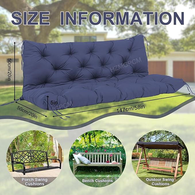 Premium 5" Thick Waterproof Outdoor Swing Cushions 3 Seater Sturdy Durable Porch Cushions 58 inch with Backrest&Ties Swing Cushions for Outdoor Furniture Backyard (Navy Blue, 58x40x5inches)