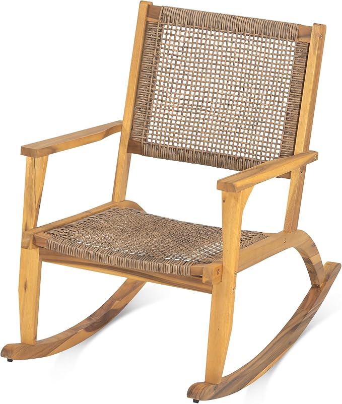 Merax 2-Piece Patio Rocking Chair Set, Acacia Wood Outdoor Rockers with PE Wicker Rattan Seat & Backrest, Comfortable Garden Porch Chairs for Backyard, Balcony, Poolside