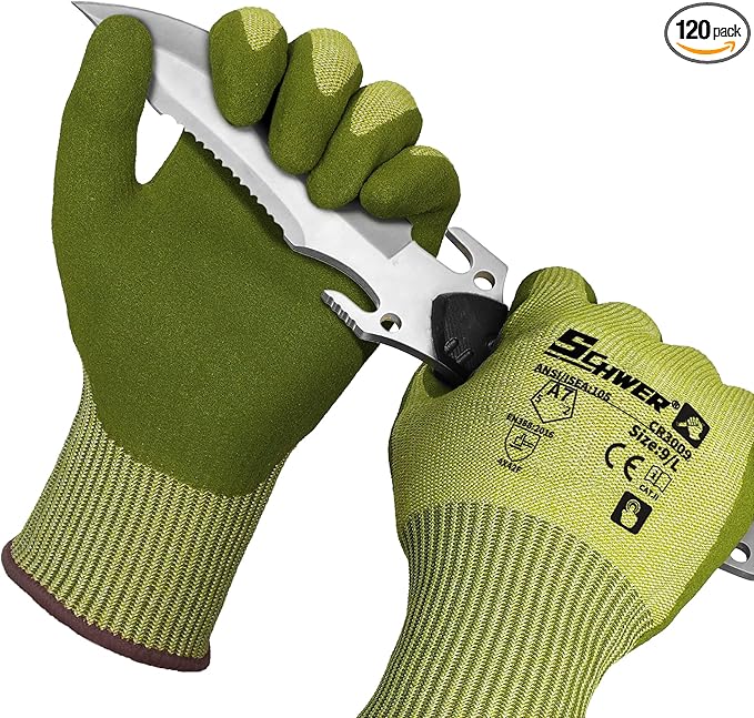 Schwer 120 Pairs ANSI A7 Cut Resistant Fishing Gloves, CR3009 Touchscreen Compatible Work Gloves for Men and Women, Non Slip, Ideal for Fishing, Hunting, Hiking, Cycling, DIY and Outdoor Activities, S