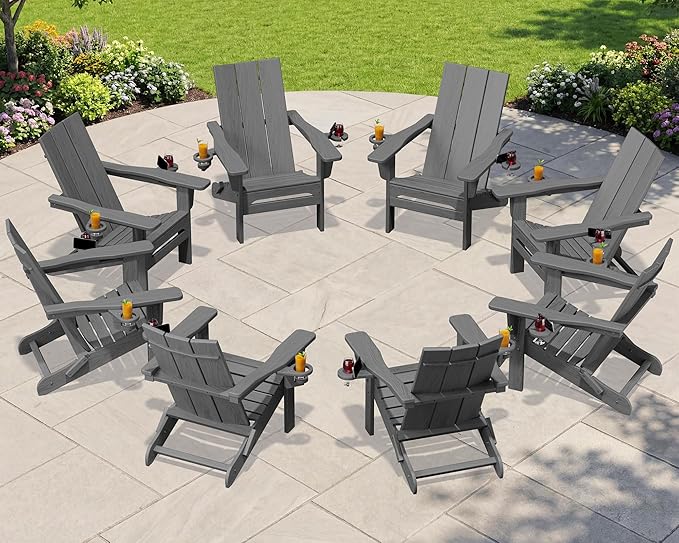 SERWALL Modern Folding Adirondack Chair Set 4, Outdoor, Relaxing, Grey, Polyethylene, Wood Finish, Arm Rest, Cup Holders