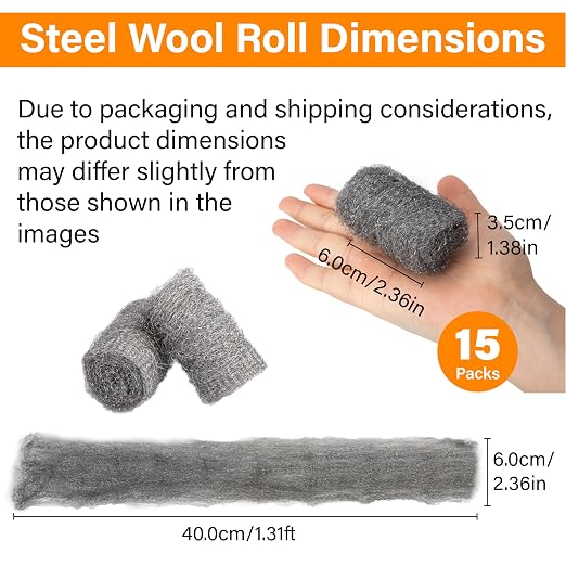 Alabrocon Bulk Steel Wool Roll Kit, Steel Wool 0000 15PCS, 15 Pack × 1.6FT | Gap Blocker, 0000 Steel Wool Keep Mice Away from Holes, Siding, Pipeline, Vents in Garden, House, Garage