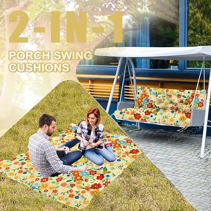 Premium 5" Thick Waterproof Outdoor Swing Cushions Sturdy Durable 2 Seat Replacement Porch Swing Cushions with Backrest&Ties Bench Cushion for Outdoor Furniture Backyard Patio (Flower03)