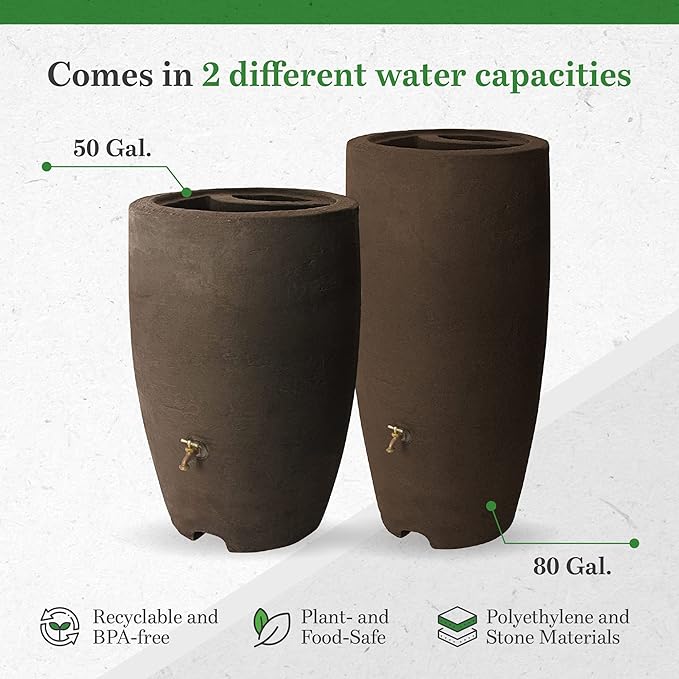 Algreen Athena 50 Gallon Plastic Outdoor Rain Barrel with Brass Spigot, Screen Guard for Rain Water Collection and Storage, Brown (2 Pack)