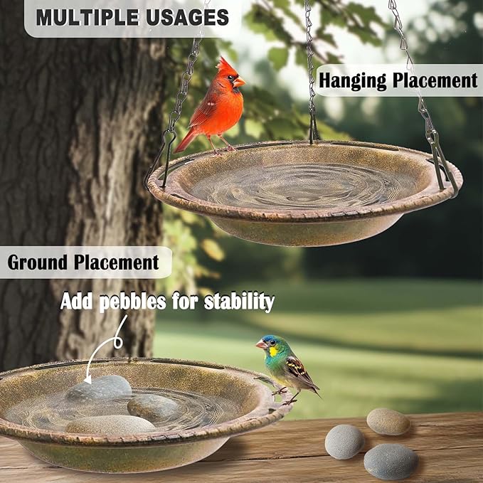 Hanging Bird Bath & Feeder Bowl, 12 in Outdoor Bird Bath with Chains, Backyard Garden Decor, Durable Weather-Resistant PP, Antique Copper Finish – 1 Pack