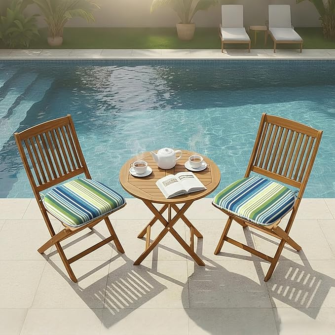 DYTXIII Set of 2 Outdoor Chair Cushions with Ties,Water Repellent Patio Chair Pads 17"x 16" for Outdoor Furniture,Round Corner Seat Cushions for Garden Yard Kitchen Stripe Blue Green