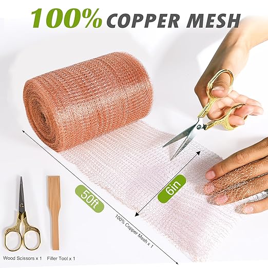 Copper Mesh Rodent Control 6" x 50 ft Copper Wool for Slugs Mice Pest Snail Bird Control Copper Wire for Weep Hole Covers Rodent Mesh