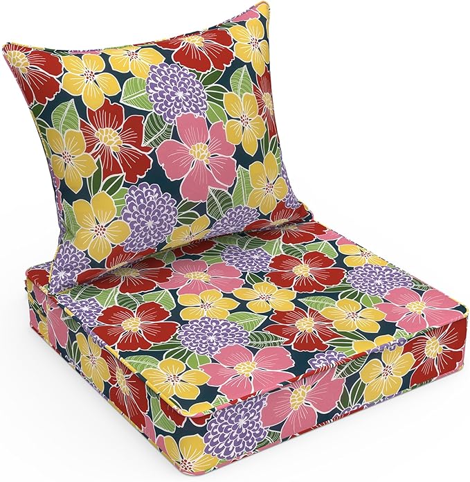 LVTXIII Outdoor Deep Seat Cushion Patio Seat and Back Cushion Set Seasonal Chair Cushion for Dining Arm Chairs, Wicker Chairs and Garden Furniture Decoration, 22"x22"x4", Flower Bloom