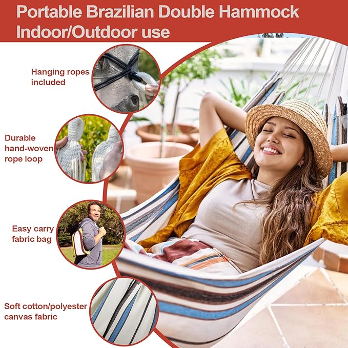 JoyView Brazilian Hammock for Single Person - Portable Cotton Hammock with Hanging Ropes & Carry Bag - 78.8x39.4' - 300LBS Capacity - Red & Green Stripes