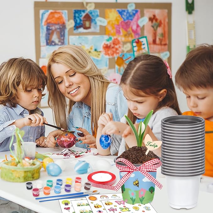 Garden Plastic Pot Craft Kit 32 Nursery Pots with 32 Stickers 32 Plant Labels 4 Painting Tools and 1 Ribbon for Mother's Day Flower Plant Spring Graduation DIY Crafts Painting Gardening Growing Tools