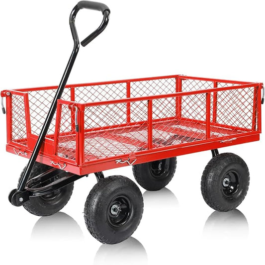 SUNNYFEEL 500 Lbs Capacity Heavy Duty Mesh Steel Garden Cart,Folding Utility Wagon with Removable Sides,10 Inch Flat Free Tires, Red