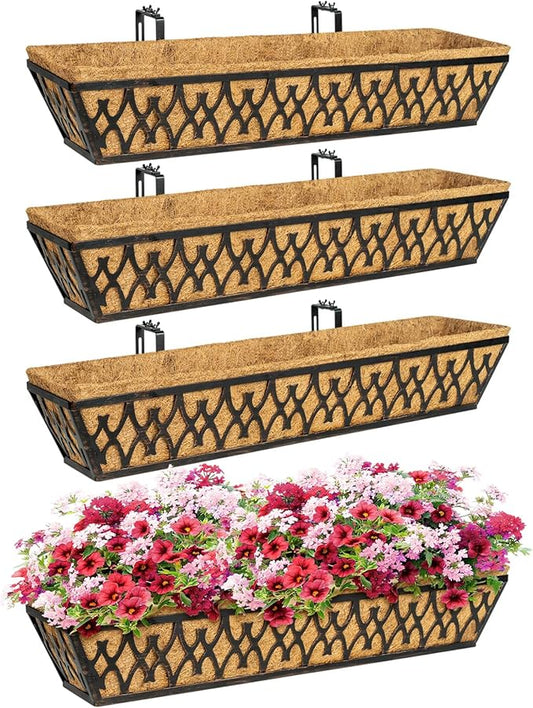 4 Pack 30 Inch Window Boxes Planters Railing Planter Box with Adjustable Brackets for Porch Fence Patio Balcony Hanging Flower Baskets with Coco Liners for Outdoor Garden Decor - Bronze