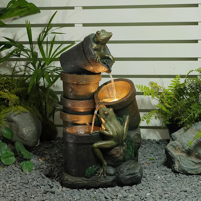 Sunlinua 27.5" H Frog Outdoor Water Fountain, Decorative Resin Water Fountain with LED Lights, Garden Waterfall Fountains Indoor and Outdoor for Patio, Porch, Courtyard, Home Decor