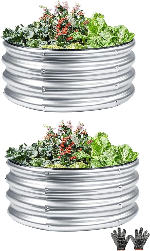 Gartist 2 Pcs 2x2X1 FT Round Galvanized Raised Garden Bed Kit, Silver Outdoor Planter Garden Bed, Metal Raised Box for Vegetables, Fruits, Flowers & Herbs