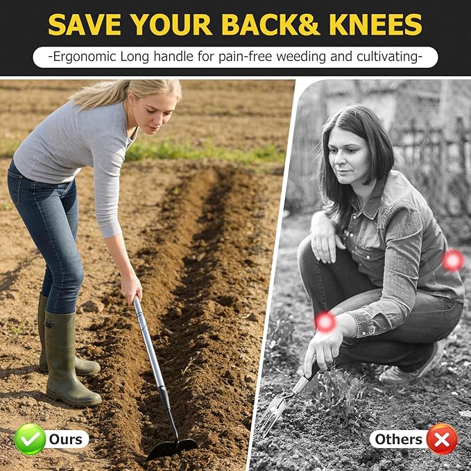 Draw Hoe Garden Tool, Heavy Duty Garden Hoes for Weeding Stainless Steel Long Handle, Easy Stand Up Scraping Weeder Tool for Garden, 63inch Adjustable Weed Hoe with 7-inch Wide Welded Blade