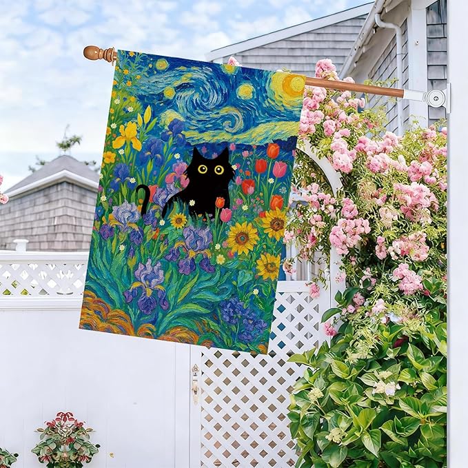 Baccessor Spring Summer Black Cat House Flag Double Sided 28x40 Inch Burlap,Starry Night Sunflowers Welcome Large Garden Flag Porch Patio Yard Seasonal Farmhouse Outside Outdoor Decor