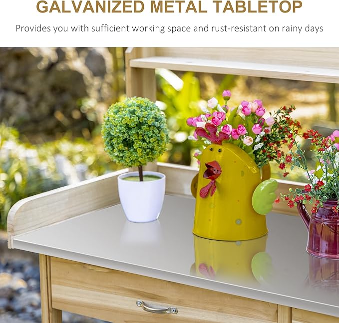 Outsunny Outdoor Potting Bench Table, Garden Work Station with Storage Cabinet, Open Shelf and Steel Tabletop, Natural