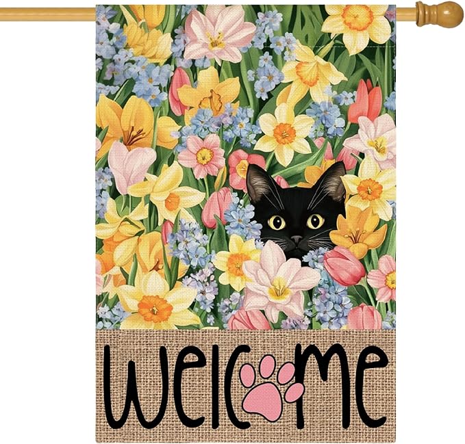AVOIN colorlife Spring Floral House Flag 28x40 Inch Double Sided Outside, Black Cat Welcome Seasonal Yard Outdoor Flag