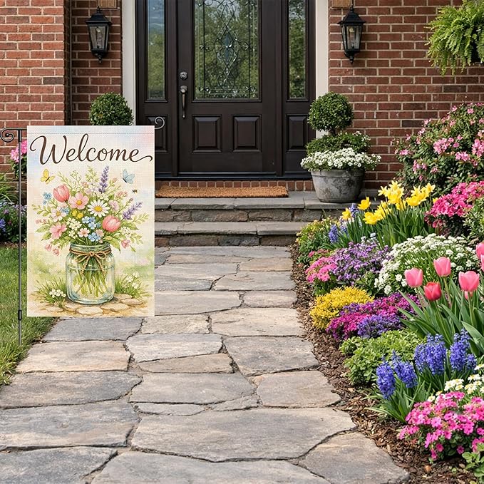 Heyfibro Welcome Spring Garden Flag 12x18 Inch Double Sided Butterfly Floral Garden Flag Small Farmhouse Flags for Outside House Yard Seasonal Spring Outdoor Decorations