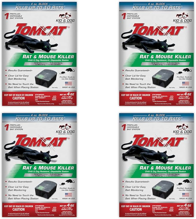 Tomcat Rat & Mouse Bait Stations, 4 Packages Each with 1 Prefilled Station | Tomcat Rat & Mouse Killer, Child & Dog Resistant, Disposable Station - Indoor/Outdoor Use, Weather Resistant, Easy Monitoring