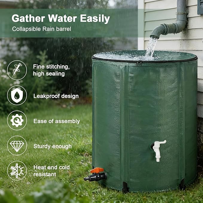 132 Gallon Collapsible Rain Barrel, Foldable Water Storage Tank, 8 Support Rods, ABS Drain Valve & White Faucet, Portable Rainwater Collection System for Garden Irrigation