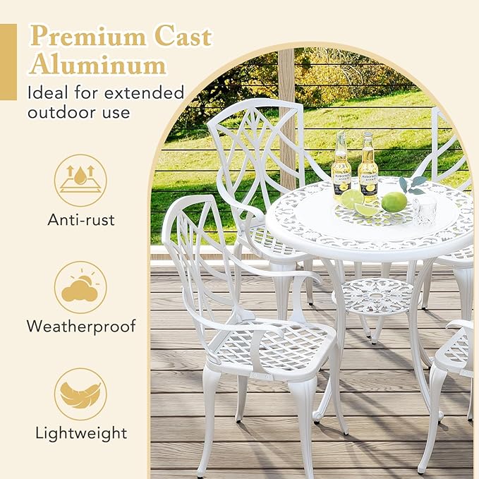 Tangkula Set of 4 Cast Aluminum Patio Dining Chairs, Outdoor Patio Chairs with Armrests, Patio Bistro Chairs for Garden, Backyard, Porch and Lawn, White