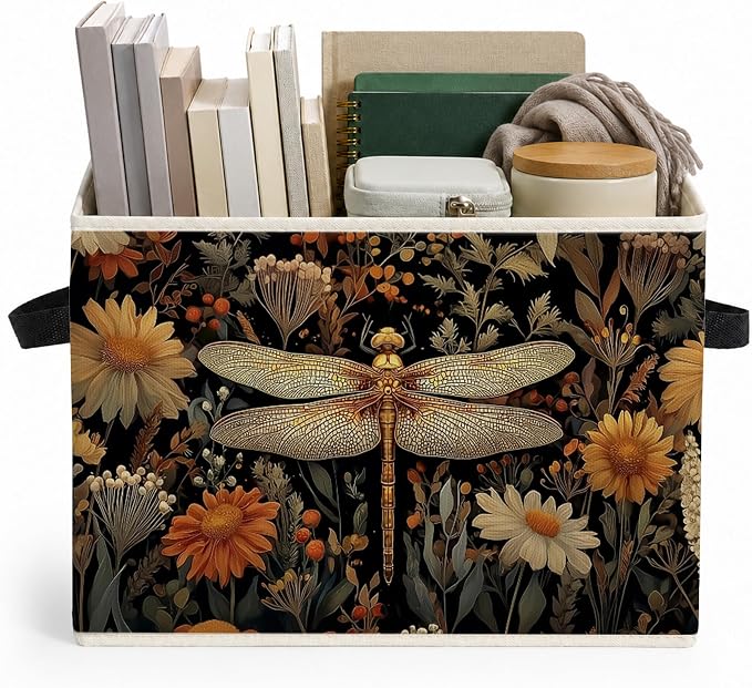 Vintage Dragonfly Floral Storage Bins Box with Handles