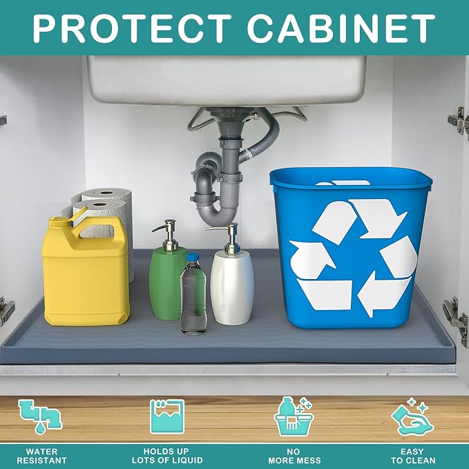 URMONA Waterproof Silicone Under Sink Mat 16'' x 10'' Shelf Liner for Kitchen and Bathroom, Cabinet and Counter Protector, Storage and Organizers, Litter Mat, Pet Cat Puppy Essentials(Navy)