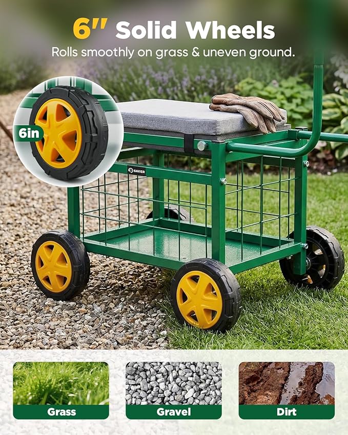 Saker Rolling Garden Cart with Seat & Wheels - 15.7'' EVA Padded Rolling Stool, 500 lb Steel Frame, Large Storage Basket - Garden Wagon Workseat for Patio Lawn Yard (Basic Version)