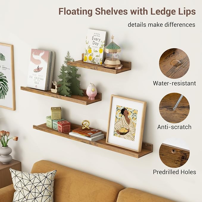 Axeman Picture Ledge Shelf, 16 Inch Brown Floating Shelves Set of 3