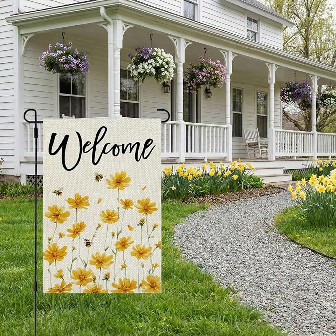 CROWNED BEAUTY Spring Summer Garden Flag Yellow Wildflower Welcome 12x18 Inch Double Sided Small Seasonal Holiday Floral Farmhouse Decoration for Outdoor Lawn Yard